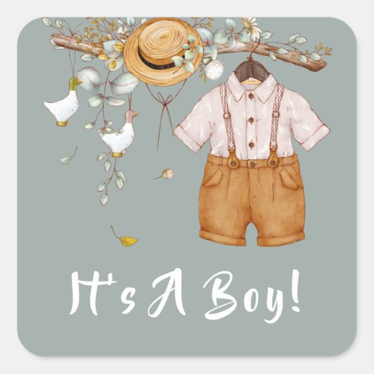 Boho Rustic Greenery Baby Boy Vierkante Sticker (Voorkant)
