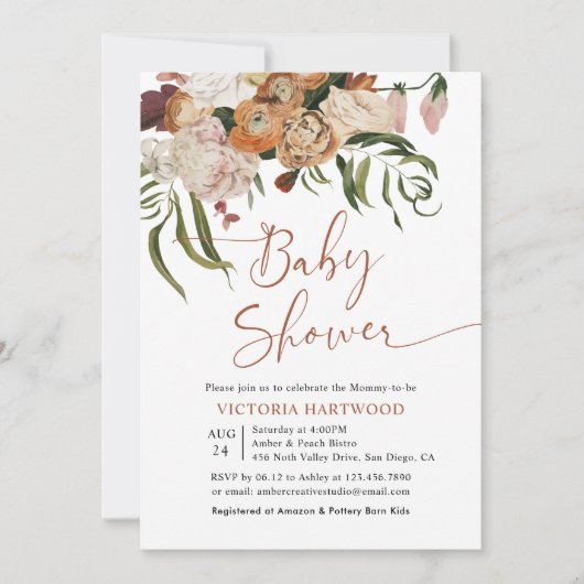 Boho Rustic Herfst Florals Baby Shower-uitnodiging Kaart (Voorkant)