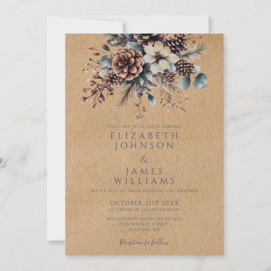 Boho Rustic Kraft Floral Pinecone Wedding Kaart (Voorkant)