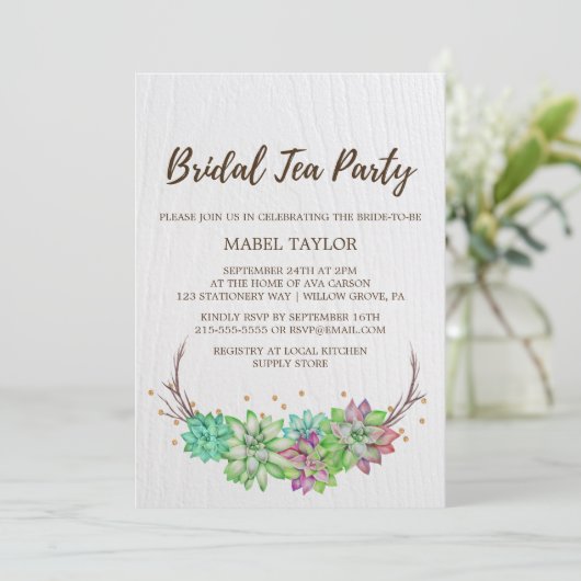 Boho Rustic Mint Floral Succulent Bridal Tea Party Kaart (Staand voorkant)
