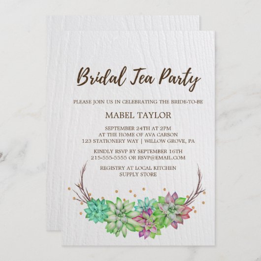 Boho Rustic Mint Floral Succulent Bridal Tea Party Kaart (Voorkant / Achterkant)