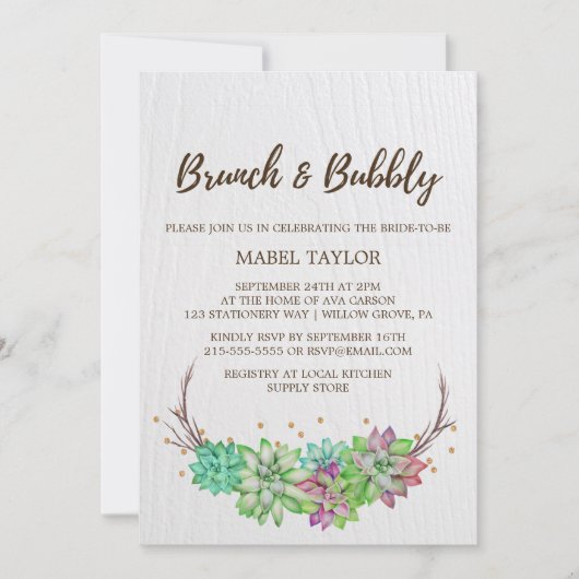 Boho Rustic Mint Floral Succulent Brunch & Bubble Kaart (Voorkant)