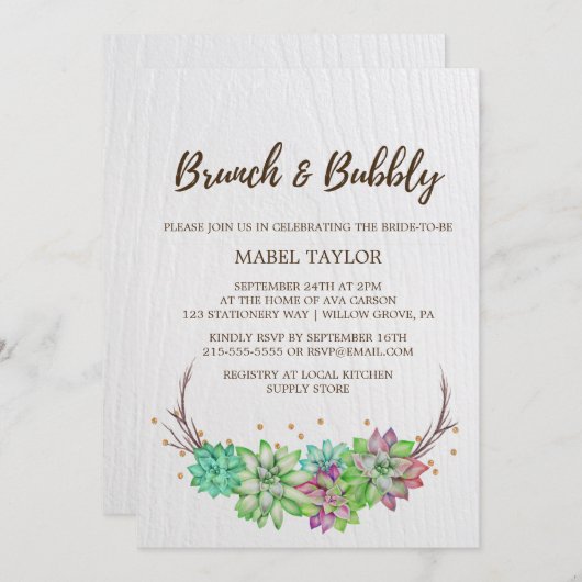Boho Rustic Mint Floral Succulent Brunch & Bubble Kaart (Voorkant / Achterkant)