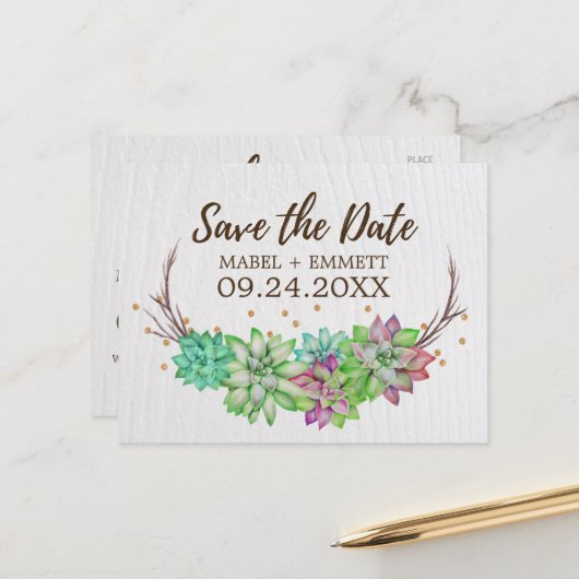 Boho Rustic Mint Floral Succulent Save the Date Aankondigingskaart (Voorkant / Achterkant in situ)