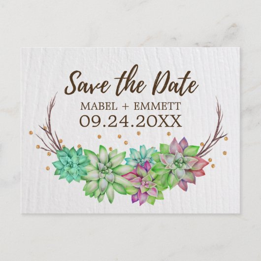 Boho Rustic Mint Floral Succulent Save the Date Aankondigingskaart (Voorkant)