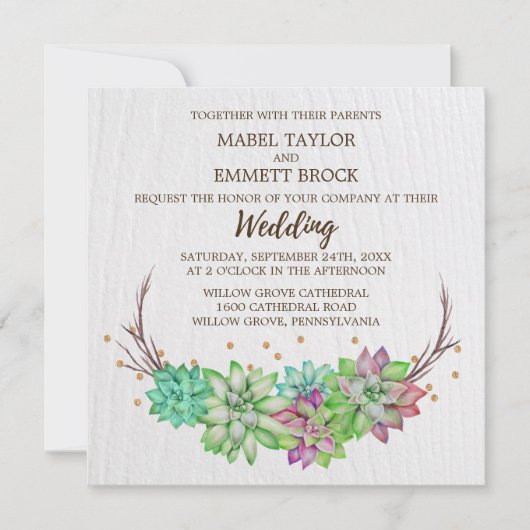 Boho Rustic Mint Floral Succulent Square Wedding Kaart (Voorkant)