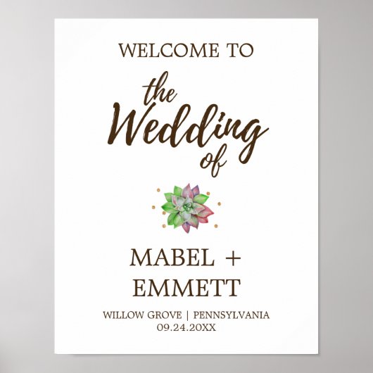 Boho Rustic Mint Floral Succulent Wedding Welkom Poster (Voorkant)