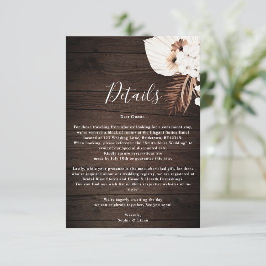 Boho Rustic Neutral Flowers Wedding Details Enclos Informatiekaartje (Staand voorkant)