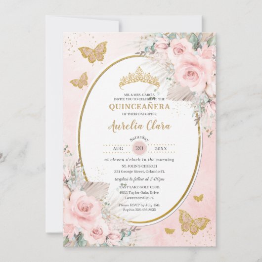 Boho Rustic Pampas Blush Roze Bloemen Quinceañera Kaart (Voorkant)