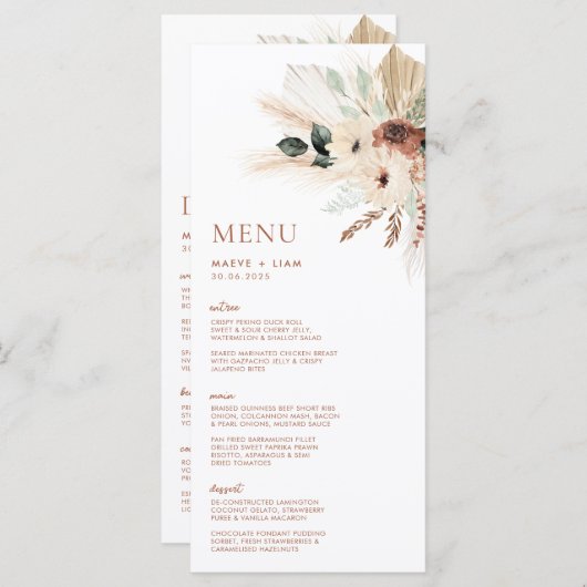 Boho Rustic Pampas Floral Wedding Menu & Drinken (Voorkant / Achterkant)