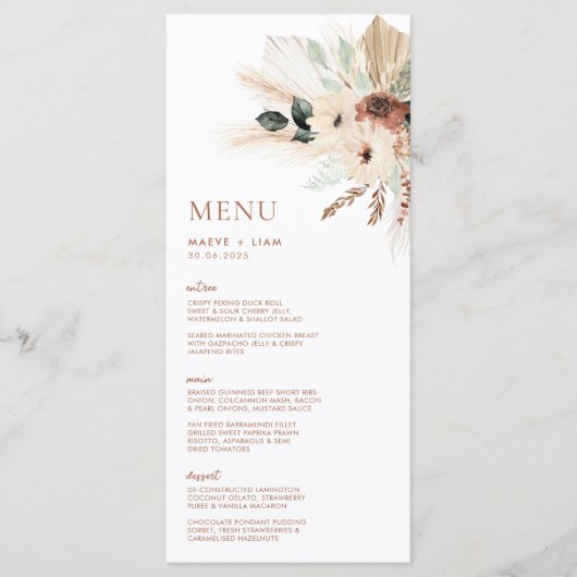 Boho Rustic Pampas Floral Wedding Menu & Drinken (Voorkant)
