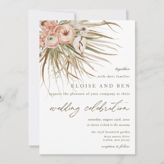 Boho Rustic Pampas Grass Peach Floral Wedding Kaart (Voorkant)