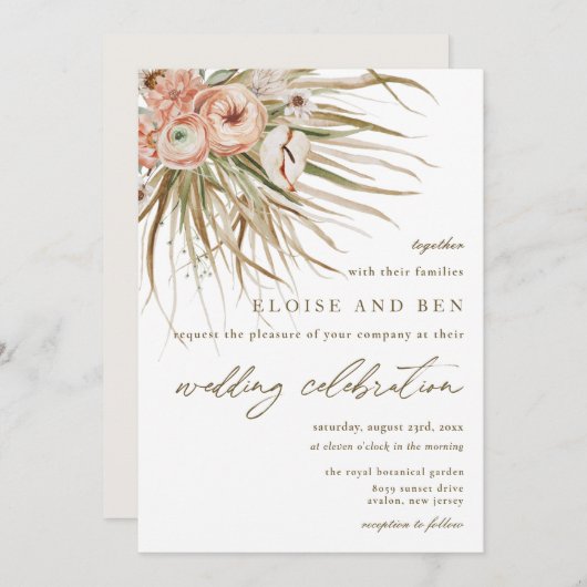 Boho Rustic Pampas Grass Peach Floral Wedding Kaart (Voorkant / Achterkant)