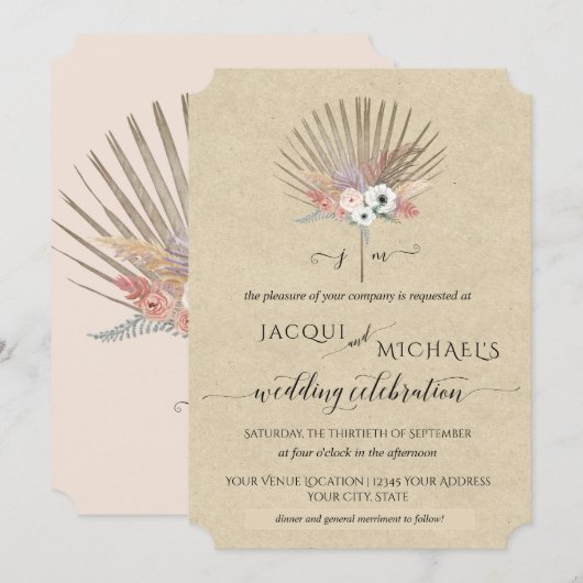 BOHO Rustic Pampas Grass Tropical Monogram Bloemen Kaart (Voorkant / Achterkant)