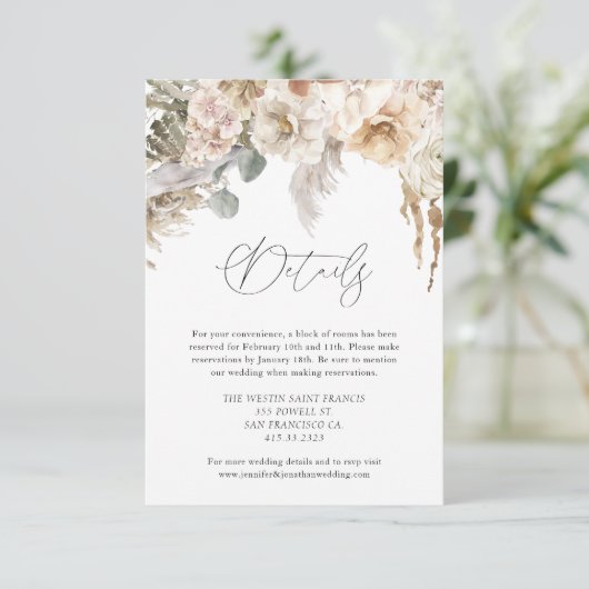 Boho Rustic Pampas Grass Wedding Details Informatiekaartje (Staand voorkant)