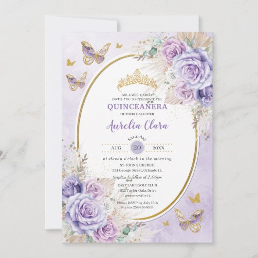 Boho Rustic Pampas Paarse Floral Quinceañera Kaart (Voorkant)