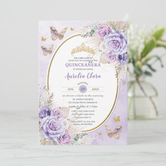 Boho Rustic Pampas Paarse Floral Quinceañera Kaart (Staand voorkant)