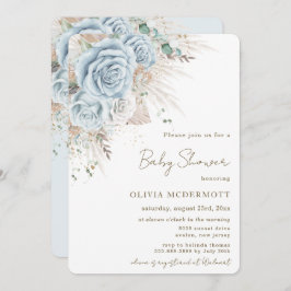 Boho Rustic Pampas Pastel Blue Floral Baby shower Kaart
