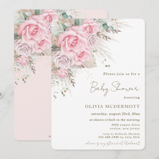 Boho Rustic Pampas Pink Floral Girl Baby shower Kaart (Voorkant / Achterkant)