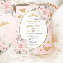 Boho Rustic Pampas Roze Roze Bloemige Quinceañera Kaart