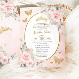 Boho Rustic Pampas Roze Roze Bloemige Quinceañera Kaart