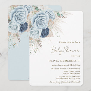 Boho Rustic Pampas Soft Blue Floral Baby shower Kaart