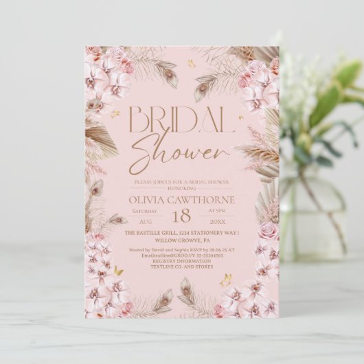 Boho Rustic Roze Bruiloftsuitnodiging Kaart (Staand voorkant)