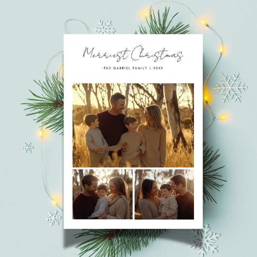 Boho Rustic Script Merriest Christmas Family Foto Feestdagenkaart