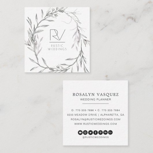 Boho Rustic Sketched Floral Wreath Monogram Vierkante Visitekaartje (Voorkant / Achterkant)