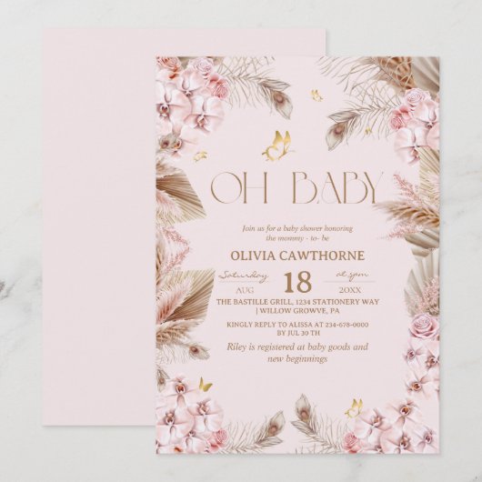 Boho Rustic Stof Roze Baby Shower Uitnodiging (Voorkant / Achterkant)