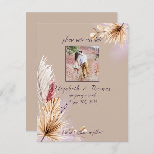Boho Rustic Summer Pampas Grass Wedding Save The Date (Voorkant / Achterkant)