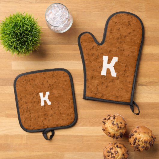 Boho Rustic Textured Wood bruin gepersonaliseerd Ovenwant & Pannenlap Set (Top down)