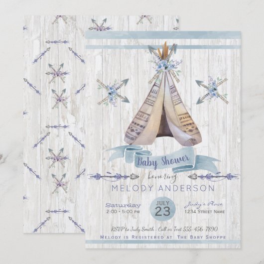 Boho Rustic Tipi en Arrows Blue Boy Baby shower Kaart (Voorkant / Achterkant)