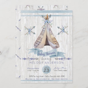 Boho Rustic Tipi en Arrows Blue Boy Baby shower Kaart