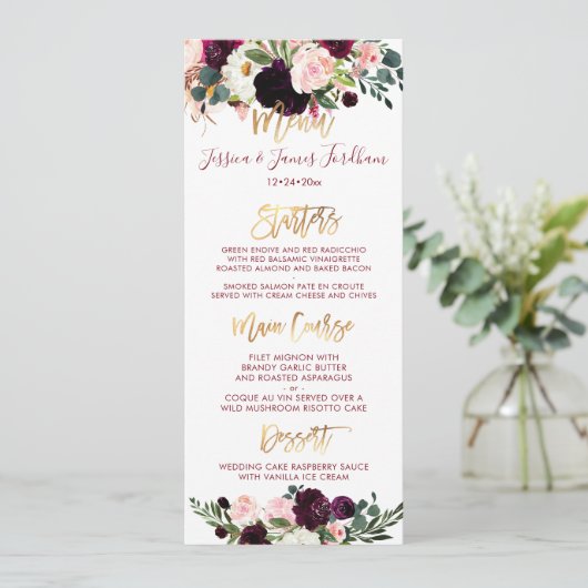 Boho Rustic Waterverf Flowers Gold Script Menu Kaart (Staand voorkant)