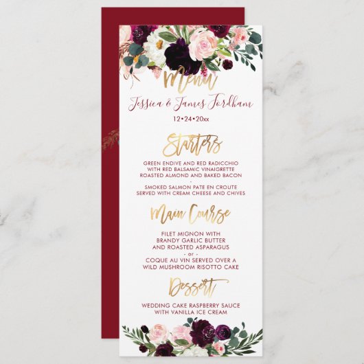 Boho Rustic Waterverf Flowers Gold Script Menu Kaart (Voorkant / Achterkant)