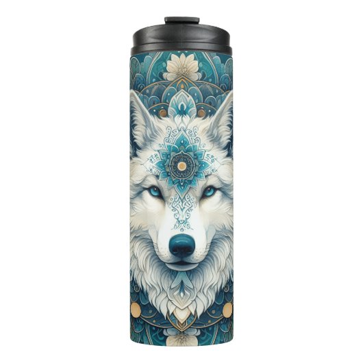 Boho Rustic White Wolf Mandala Thermosbeker (Voorkant)