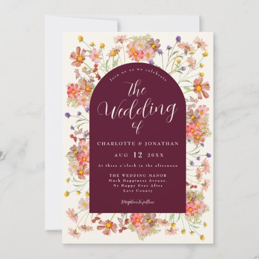Boho Rustic Wildflower Bourgondische bruiloft Kaart (Voorkant)