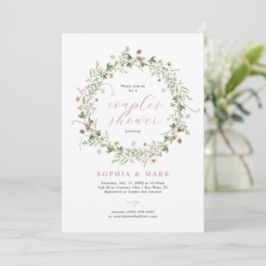 Boho Rustic Wildflower Couples Shower Invitation Kaart (Staand voorkant)