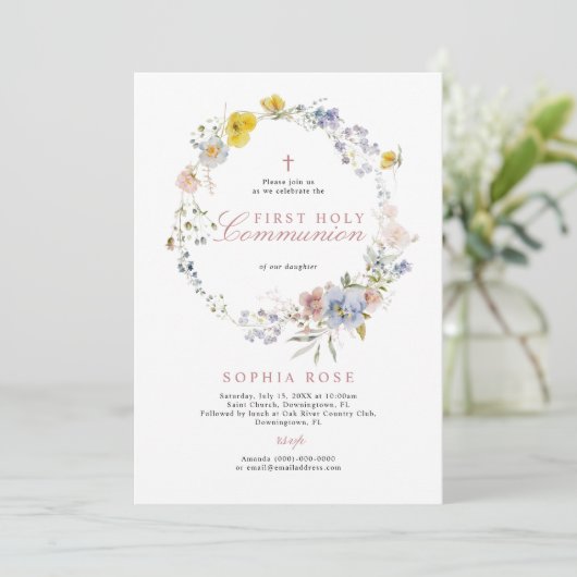 Boho Rustic Wildflower First Heilige Communie Kaart (Staand voorkant)