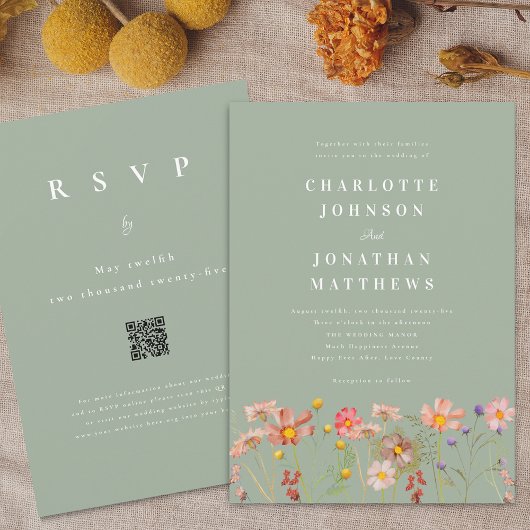 Boho Rustic Wildflower Sage Green Wedding Kaart