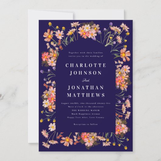 Boho Rustic Wildflowers Marine Blauwe bruiloft Kaart (Voorkant)