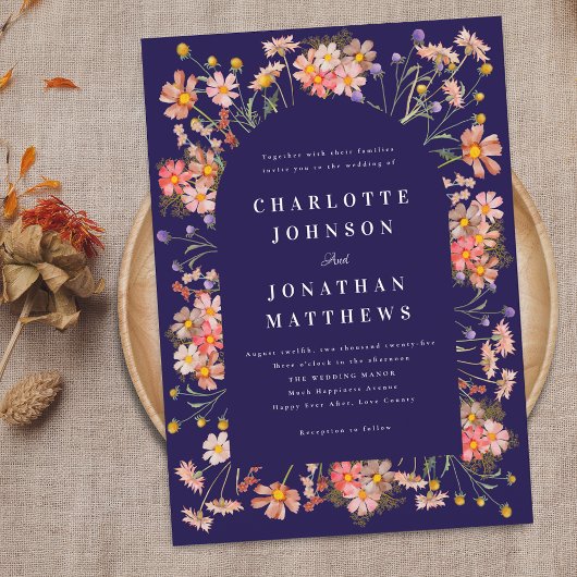 Boho Rustic Wildflowers Marine Blauwe bruiloft Kaart
