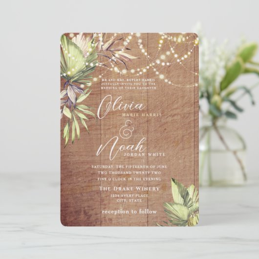 Boho Rustic Wood en Lichten Uitnodiging (Staand voorkant)