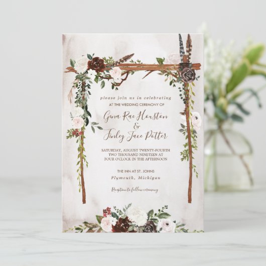 Boho Rustic Wood & Floral Arch Canopy Wedding Kaart (Staand voorkant)