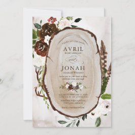 Boho Rustic Wood & Floral Burgundy Roos Wedding Kaart