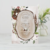 Boho Rustic Wood & Floral Burgundy Roos Wedding Kaart (Staand voorkant)