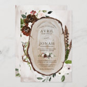 Boho Rustic Wood & Floral Burgundy Roos Wedding Kaart (Voorkant / Achterkant)