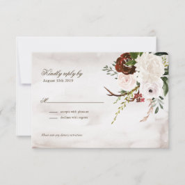 Boho Rustic Wood & Floral Burgundy Roos Wedding RSVP Kaartje