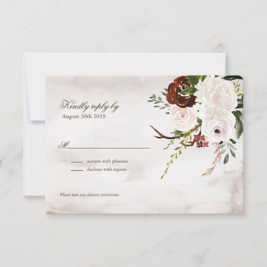 Boho Rustic Wood & Floral Burgundy Roos Wedding RSVP Kaartje (Voorkant)